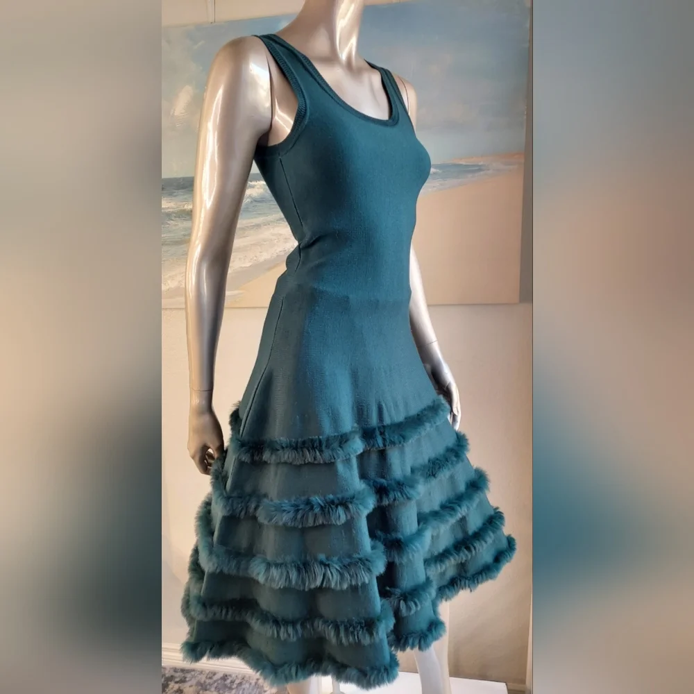 $5,200 OSCAR DE LA RENTA ICONIC GREEN KNIT FUR RUNWAY DRESS JACKET SET US M